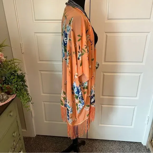Soul Young Leopard & Floral Open Front Fringe Hem 2 Kimono Duster Blouses O/S - Picture 14 of 16